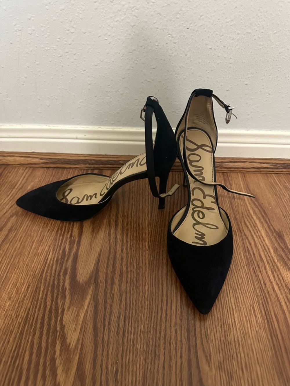 Sam Edelman Black Pointed-Toe Ankle-Strap Heels
